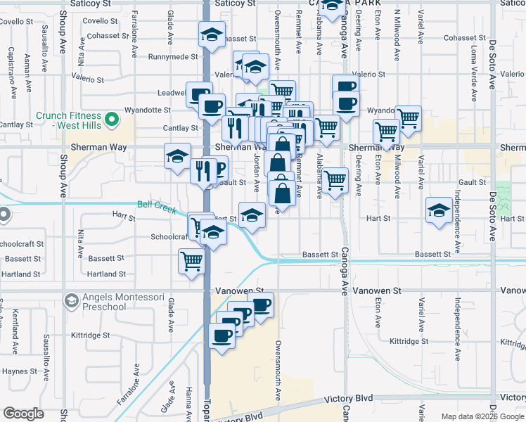 map of restaurants, bars, coffee shops, grocery stores, and more near 7041 Owensmouth Avenue in Los Angeles