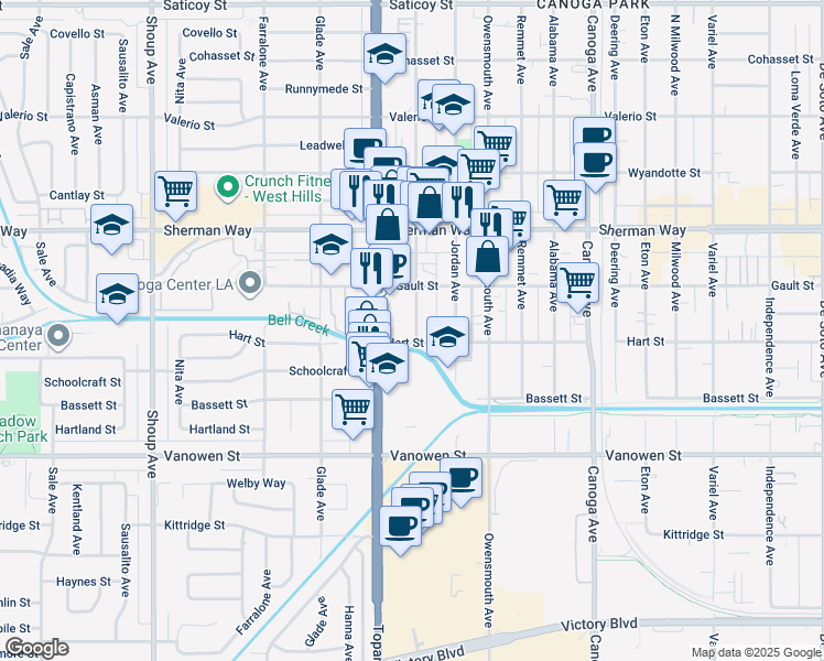 map of restaurants, bars, coffee shops, grocery stores, and more near 7043 Vassar Avenue in Los Angeles