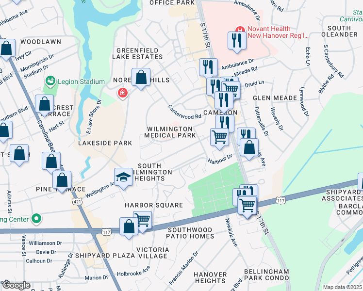 map of restaurants, bars, coffee shops, grocery stores, and more near 1520 Physicians Drive in Wilmington