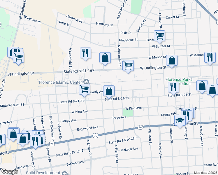 map of restaurants, bars, coffee shops, grocery stores, and more near 160 North Calhoun Drive in Florence