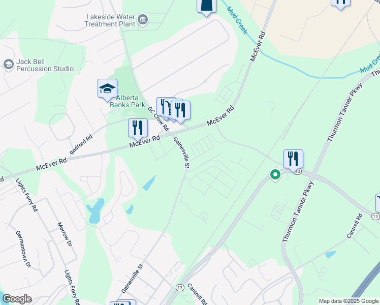 map of restaurants, bars, coffee shops, grocery stores, and more near 5117 Parkwood Dirve in Flowery Branch