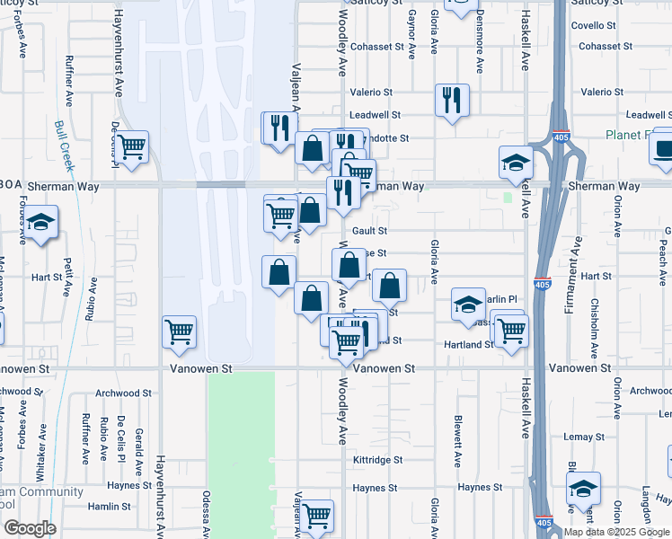 map of restaurants, bars, coffee shops, grocery stores, and more near 7005 Woodley Avenue in Los Angeles