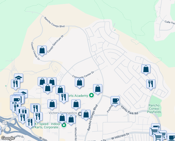 map of restaurants, bars, coffee shops, grocery stores, and more near 2101 Corporate Center Drive in Thousand Oaks