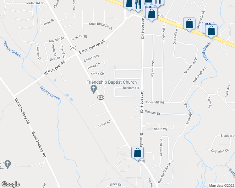 map of restaurants, bars, coffee shops, grocery stores, and more near 15 Benham Circle in Cartersville