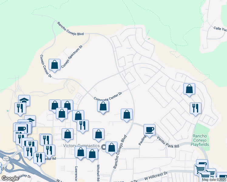 map of restaurants, bars, coffee shops, grocery stores, and more near 2101 Corporate Center Drive in Thousand Oaks