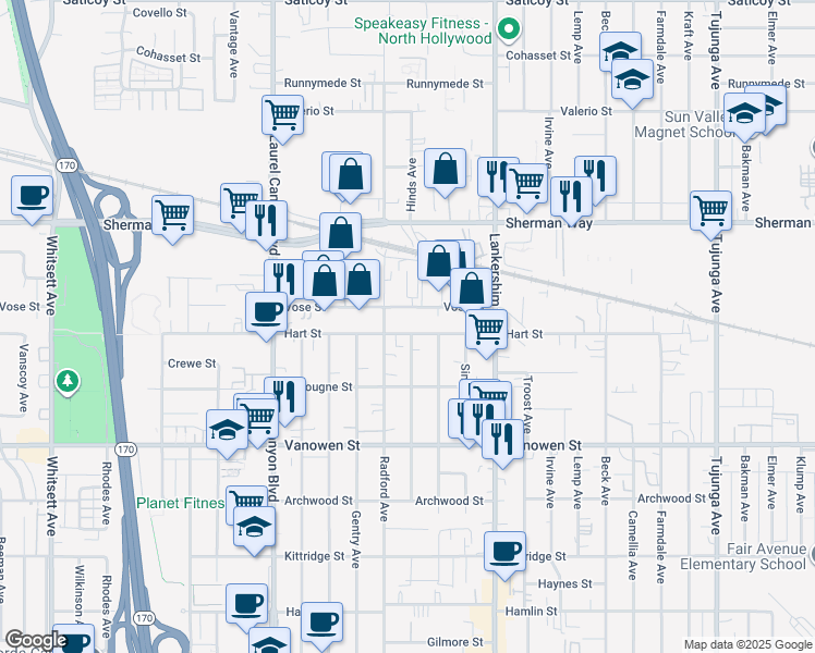 map of restaurants, bars, coffee shops, grocery stores, and more near 11837 Hart Street in Los Angeles