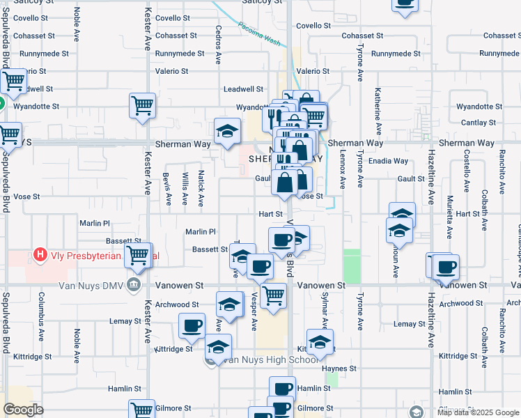 map of restaurants, bars, coffee shops, grocery stores, and more near 14551 Vose Street in Los Angeles