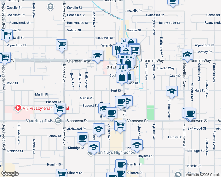 map of restaurants, bars, coffee shops, grocery stores, and more near 14555 Hart Street in Los Angeles
