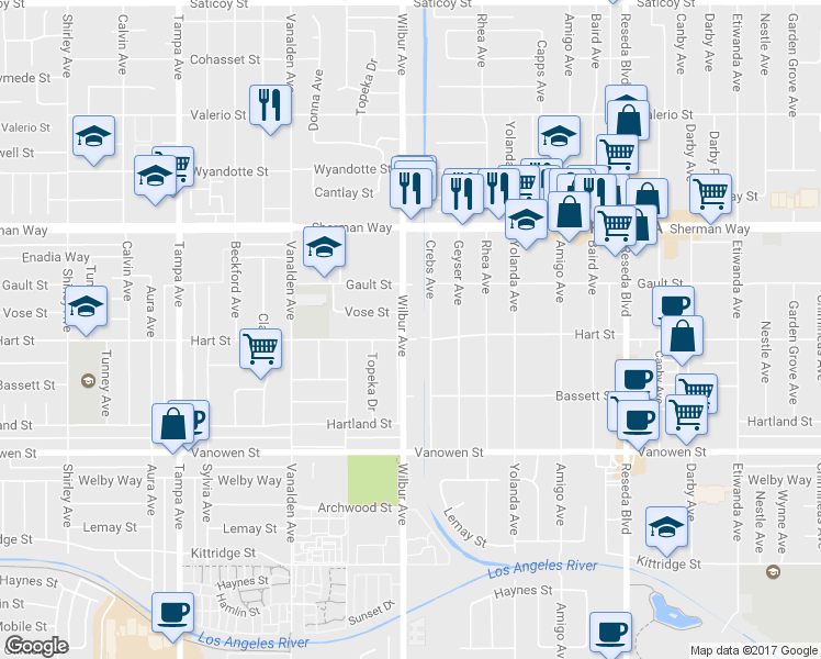 map of restaurants, bars, coffee shops, grocery stores, and more near 7008 Wilbur Avenue in Reseda