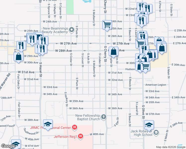 map of restaurants, bars, coffee shops, grocery stores, and more near 1305 West 31st Avenue in Pine Bluff