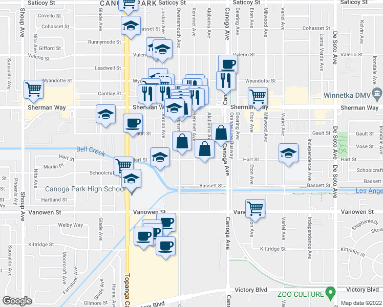 map of restaurants, bars, coffee shops, grocery stores, and more near 7011 Remmet Avenue in Los Angeles