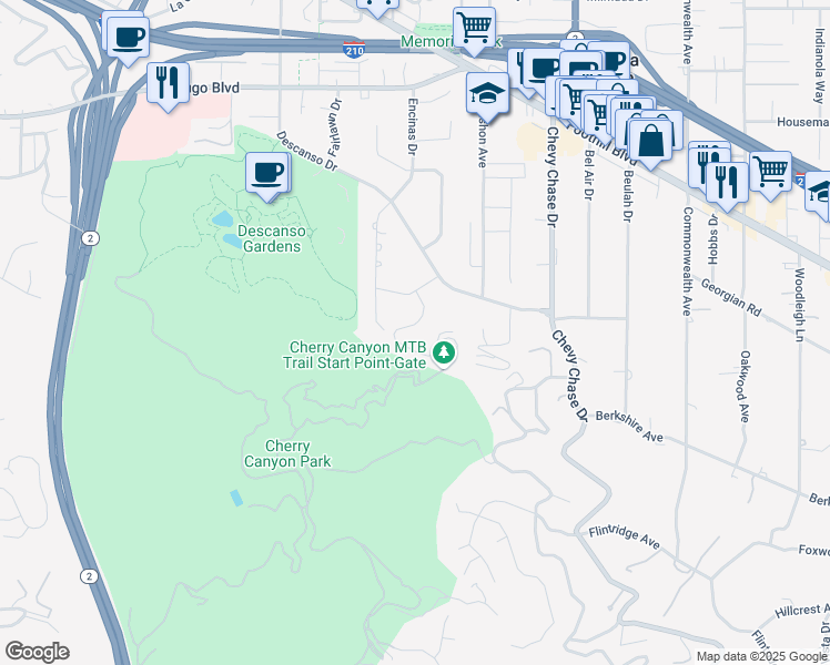 map of restaurants, bars, coffee shops, grocery stores, and more near 4150 Forest Hill Drive in La Cañada Flintridge