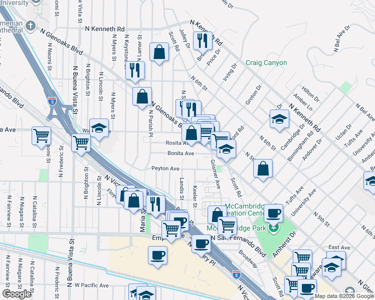 map of restaurants, bars, coffee shops, grocery stores, and more near 1811 Bonita Avenue in Burbank