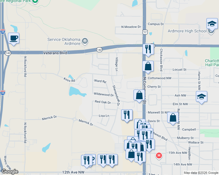 map of restaurants, bars, coffee shops, grocery stores, and more near 1902 Shenandoah Drive in Ardmore