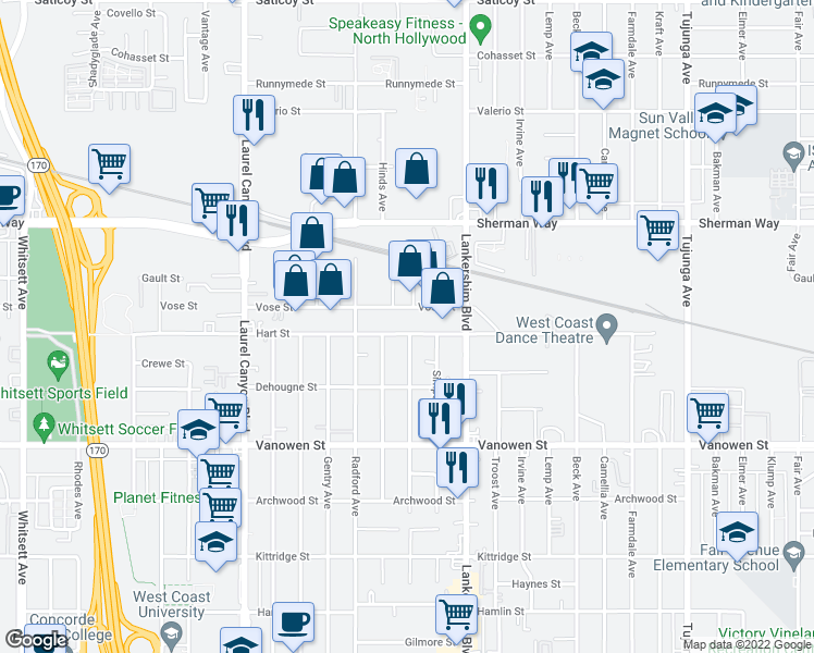 map of restaurants, bars, coffee shops, grocery stores, and more near 11801 Hart Street in North Hollywood