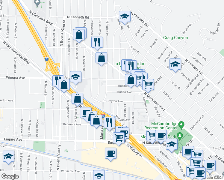 map of restaurants, bars, coffee shops, grocery stores, and more near 2021 Bonita Avenue in Burbank