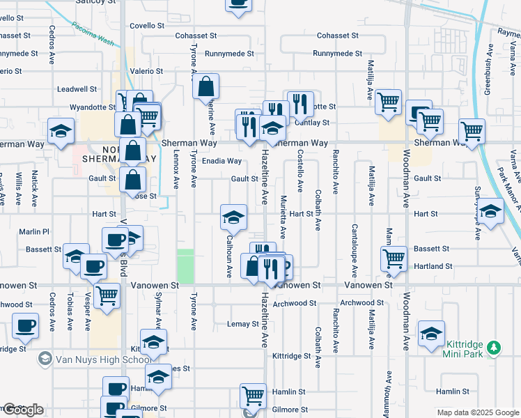 map of restaurants, bars, coffee shops, grocery stores, and more near 7029 1/2 Hazeltine Avenue in Los Angeles