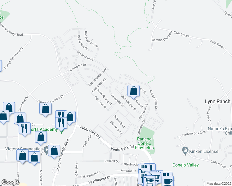 map of restaurants, bars, coffee shops, grocery stores, and more near 1724 Blue Canyon Street in Thousand Oaks