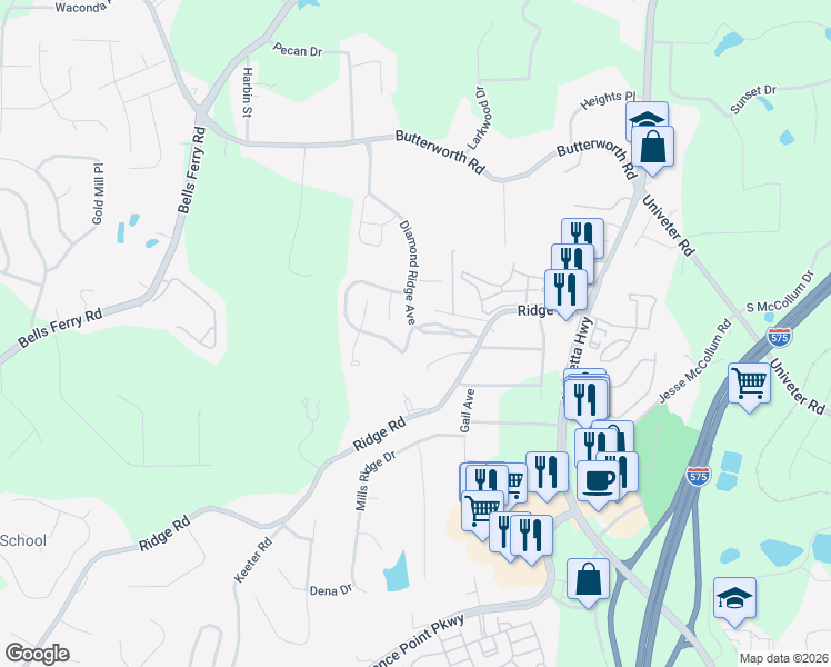 map of restaurants, bars, coffee shops, grocery stores, and more near 199 Diamond Valley Pass in Canton