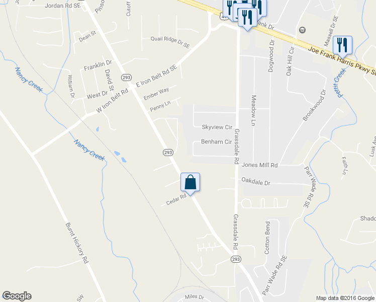 map of restaurants, bars, coffee shops, grocery stores, and more near 22 Benham Circle in Cartersville