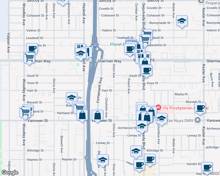 map of restaurants, bars, coffee shops, grocery stores, and more near 15517 Hart Street in Los Angeles