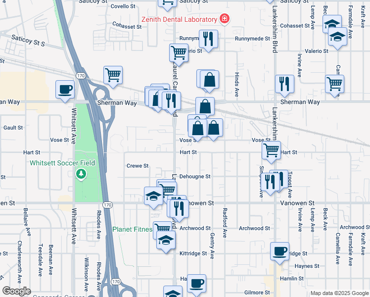 map of restaurants, bars, coffee shops, grocery stores, and more near 12019 Vose Street in Los Angeles