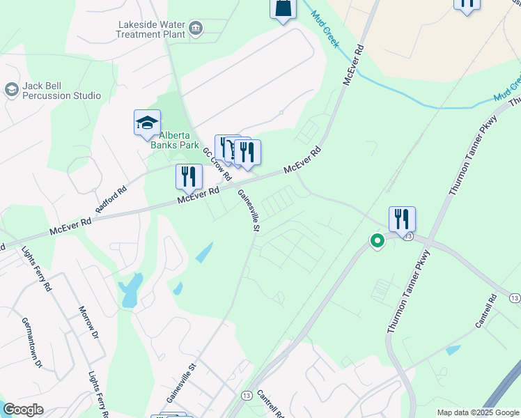 map of restaurants, bars, coffee shops, grocery stores, and more near 5117 Parkwood Dirve in Flowery Branch