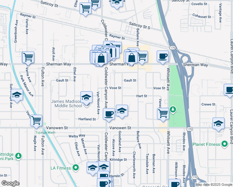 map of restaurants, bars, coffee shops, grocery stores, and more near 7006 Alcove Avenue in Los Angeles