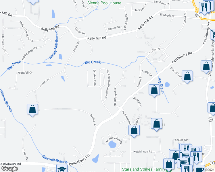 map of restaurants, bars, coffee shops, grocery stores, and more near 3351 Castleberry Village Circle in Cumming