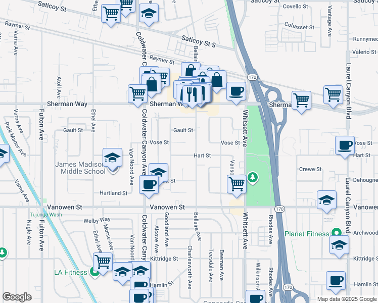 map of restaurants, bars, coffee shops, grocery stores, and more near 12715 Hart Street in Los Angeles
