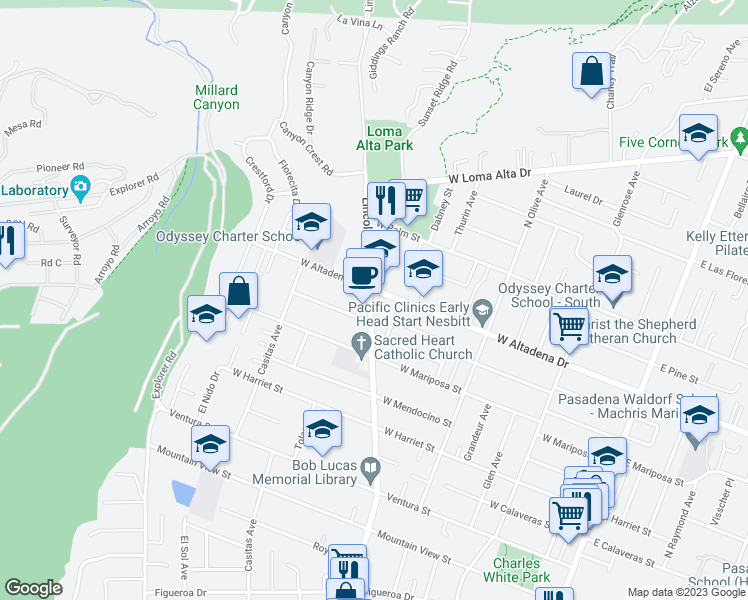 map of restaurants, bars, coffee shops, grocery stores, and more near 3042 North Lincoln Avenue in Altadena
