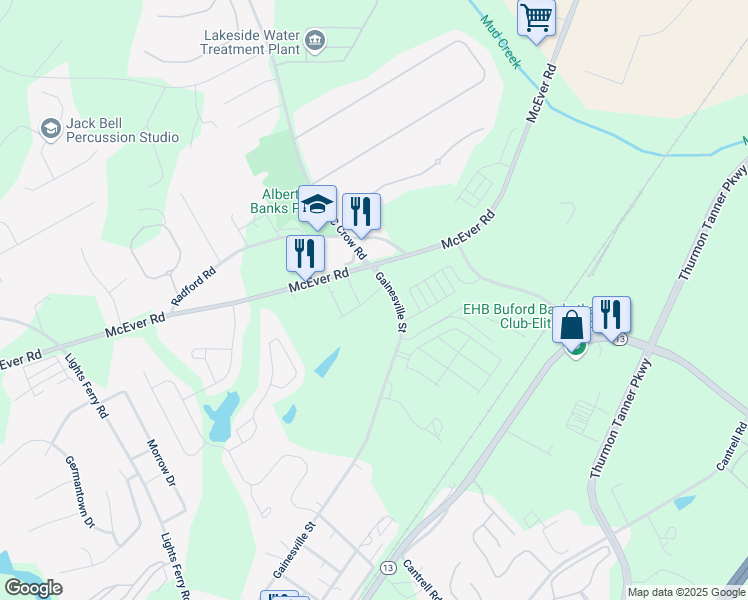 map of restaurants, bars, coffee shops, grocery stores, and more near 5201-5215 Gainesville St in Flowery Branch