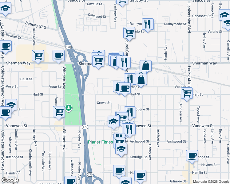 map of restaurants, bars, coffee shops, grocery stores, and more near 12201 Vose Street in Los Angeles