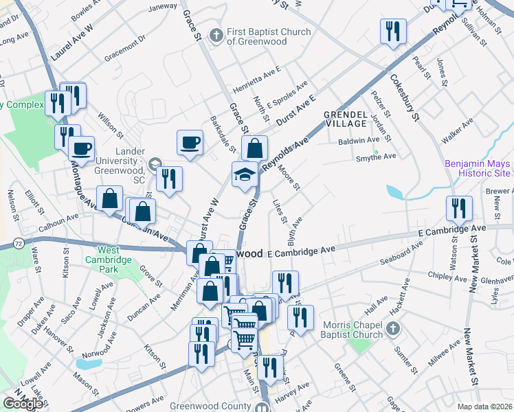 map of restaurants, bars, coffee shops, grocery stores, and more near 229 Grace Street in Greenwood