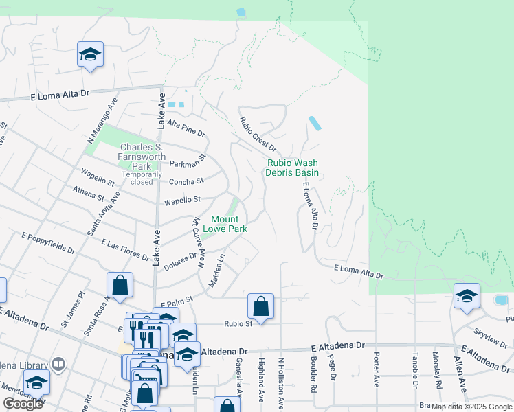 map of restaurants, bars, coffee shops, grocery stores, and more near 3125 Rubio Canyon Road in Altadena