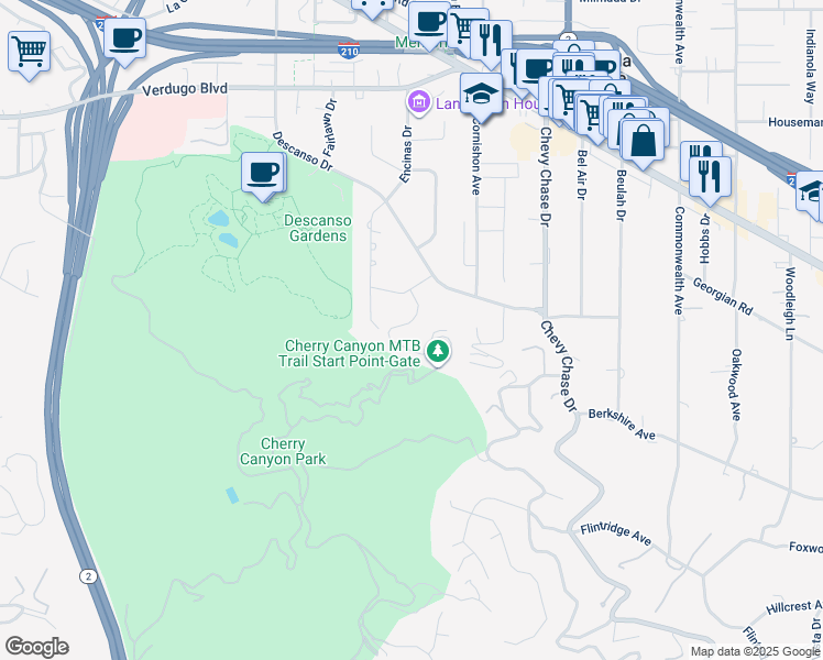 map of restaurants, bars, coffee shops, grocery stores, and more near 4150 Forest Hill Drive in La Cañada Flintridge
