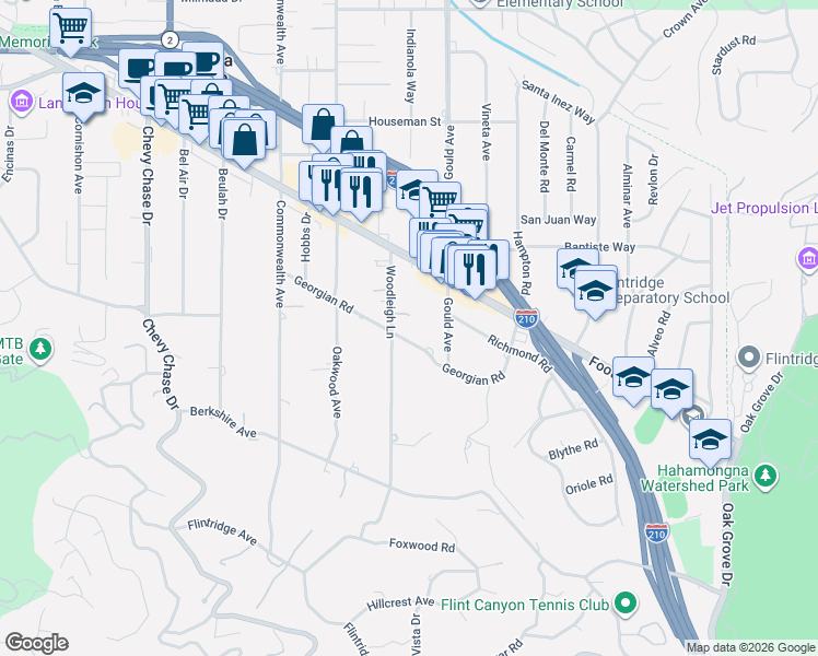 map of restaurants, bars, coffee shops, grocery stores, and more near 4420 Woodleigh Lane in La Cañada Flintridge