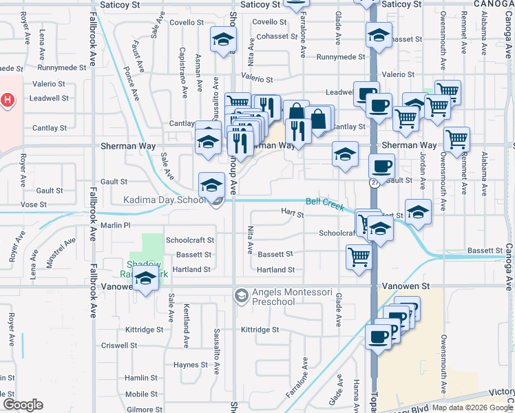 map of restaurants, bars, coffee shops, grocery stores, and more near 22301 Hart Street in Los Angeles