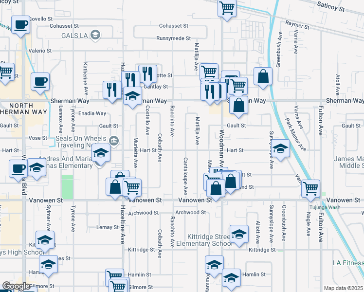 map of restaurants, bars, coffee shops, grocery stores, and more near 7007 Cantaloupe Avenue in Los Angeles