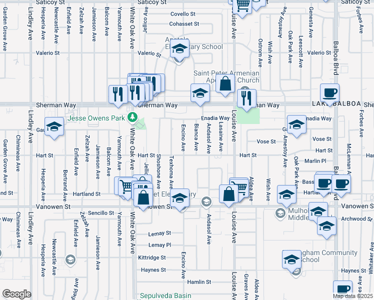 map of restaurants, bars, coffee shops, grocery stores, and more near 7033 Bianca Avenue in Los Angeles