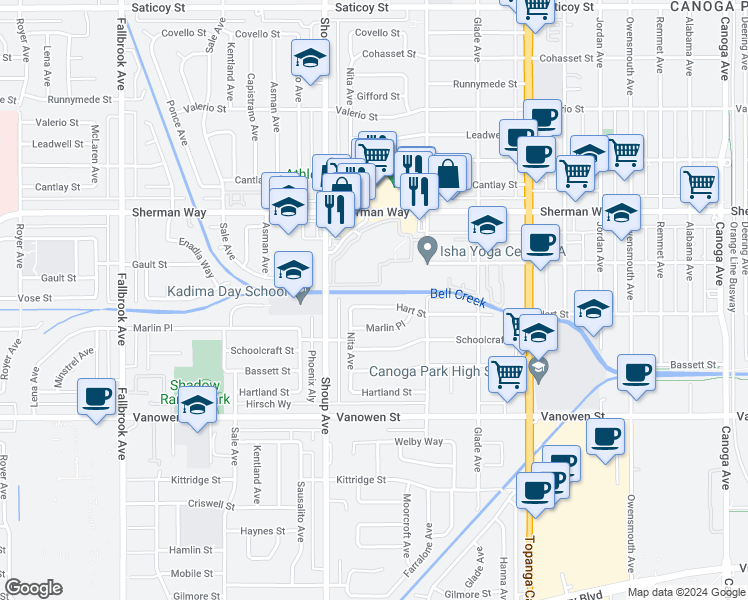 map of restaurants, bars, coffee shops, grocery stores, and more near 22301 Hart Street in Los Angeles