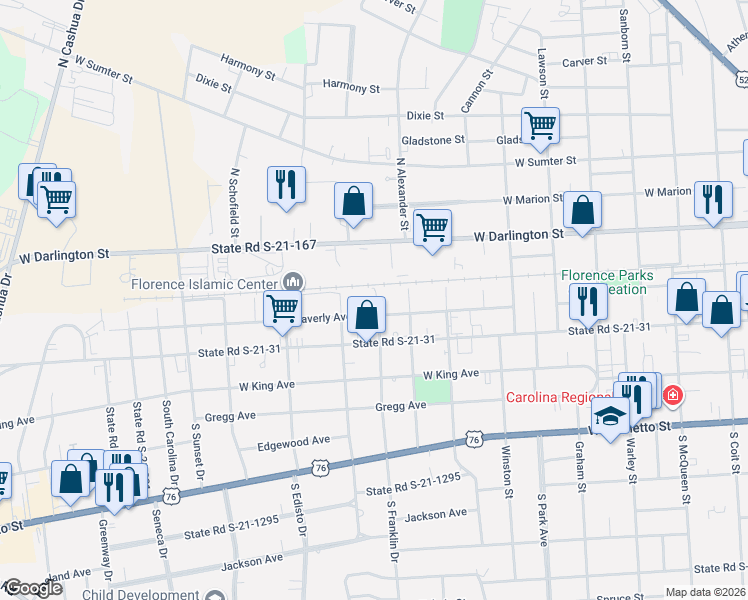 map of restaurants, bars, coffee shops, grocery stores, and more near 155 North Franklin Drive in Florence