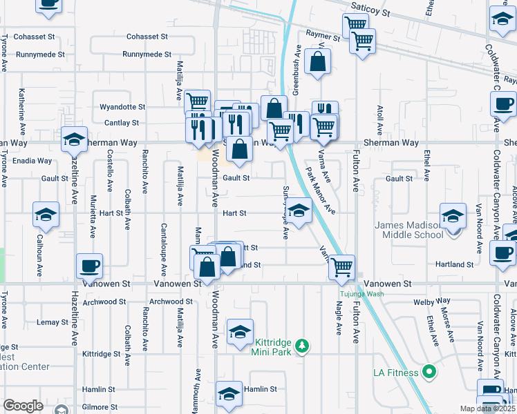map of restaurants, bars, coffee shops, grocery stores, and more near 13551 Hart Street in Los Angeles