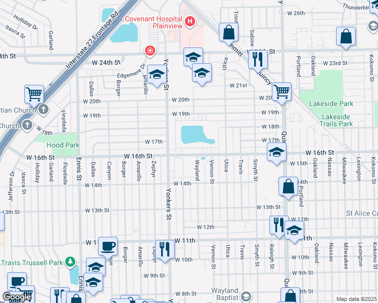 map of restaurants, bars, coffee shops, grocery stores, and more near 2408 West 16th Street in Plainview