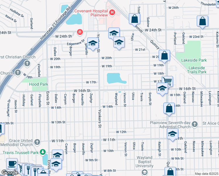 map of restaurants, bars, coffee shops, grocery stores, and more near 2408 West 16th Street in Plainview