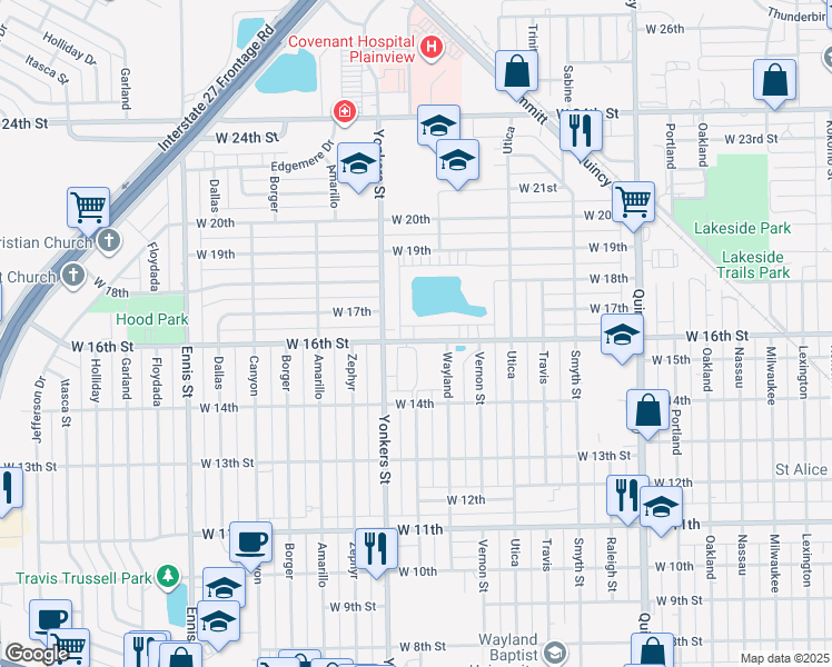 map of restaurants, bars, coffee shops, grocery stores, and more near 2408 West 16th Street in Plainview