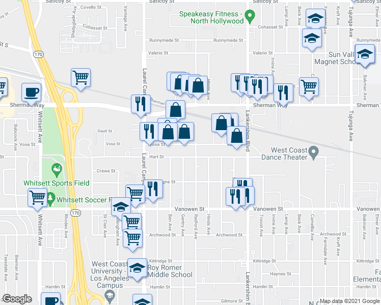 map of restaurants, bars, coffee shops, grocery stores, and more near 11847 Vose Street in Los Angeles