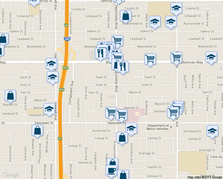 map of restaurants, bars, coffee shops, grocery stores, and more near 7101 Vose Street in Los Angeles