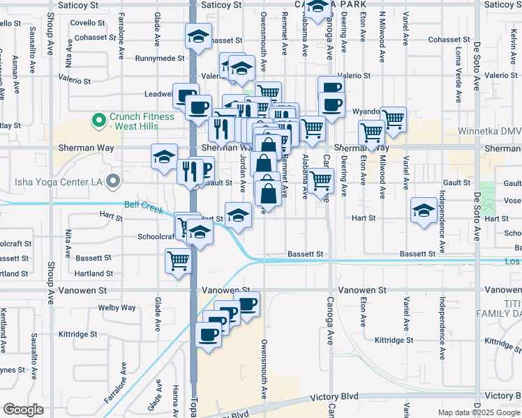 map of restaurants, bars, coffee shops, grocery stores, and more near 7041 Owensmouth Avenue in Los Angeles