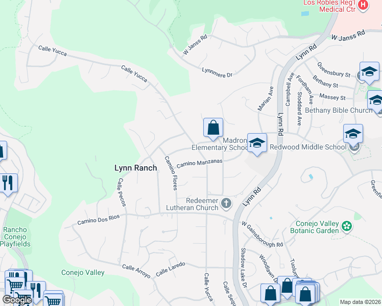map of restaurants, bars, coffee shops, grocery stores, and more near 717 Calle Mandarinas in Thousand Oaks